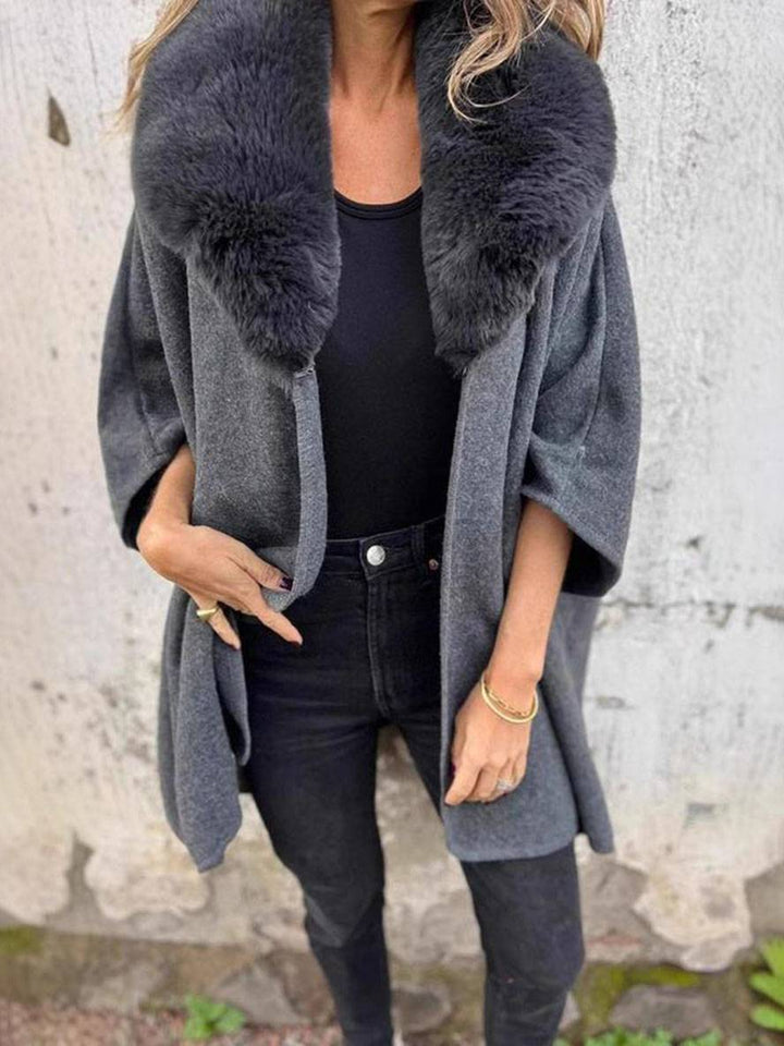 Levoire | Poncho-Manteau Mi-Long Femme Col En Fausse Fourrure Manches Longues Femme Élégant Décontracté Cape Ample Gris foncé