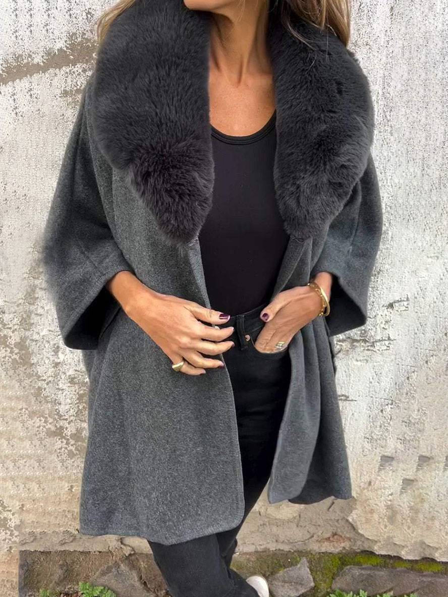 Levoire | Poncho-Manteau Mi-Long Femme Col En Fausse Fourrure Manches Longues Femme Élégant Décontracté Cape Ample
