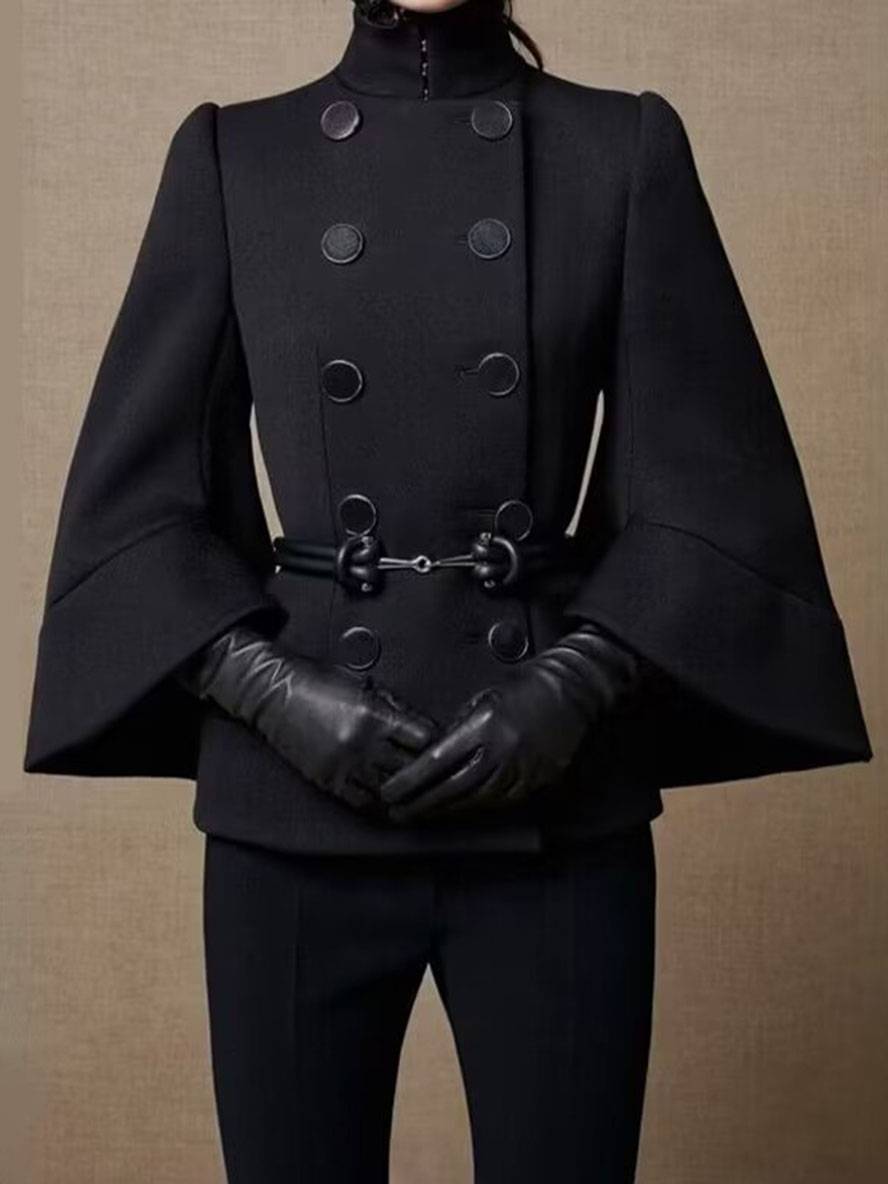 Levoire | Poncho-Manteau Mi-Long Femme Croisé Col Haut Manches Chauve-Souris Élégant Vintage Veste Courte Noir