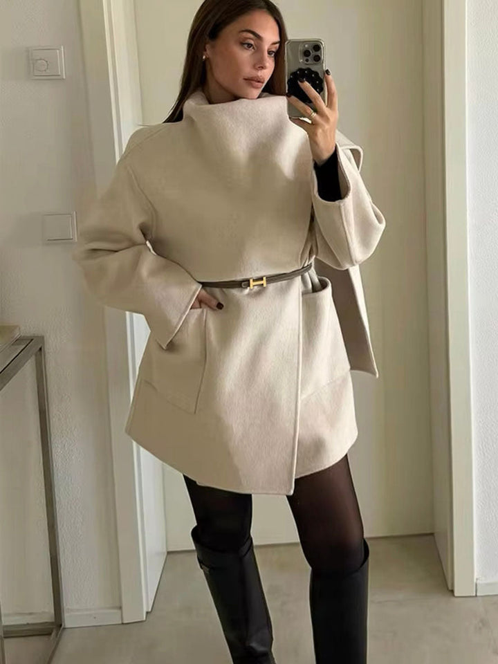 Levoire | Manteau Mi-Long Avec Poches En Écharpe En Laine Irregulières À Manches Longues Femme Élégant Décontracté Ample Blanc