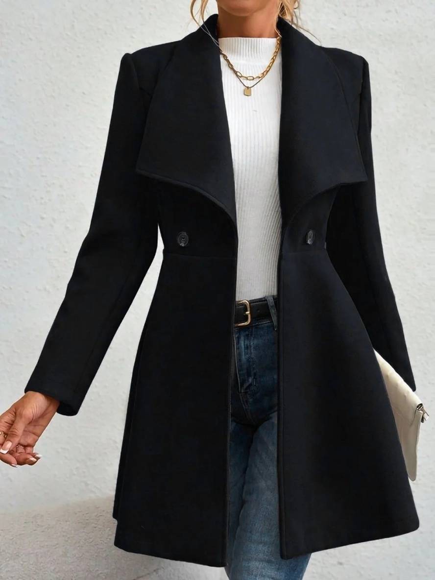 Levoire | Manteau En Laine Moyen Long Uni Avec Boutons, Col À Revers, Manches Longues, Élégant, Veste Décontractée Pour Femmes Noir