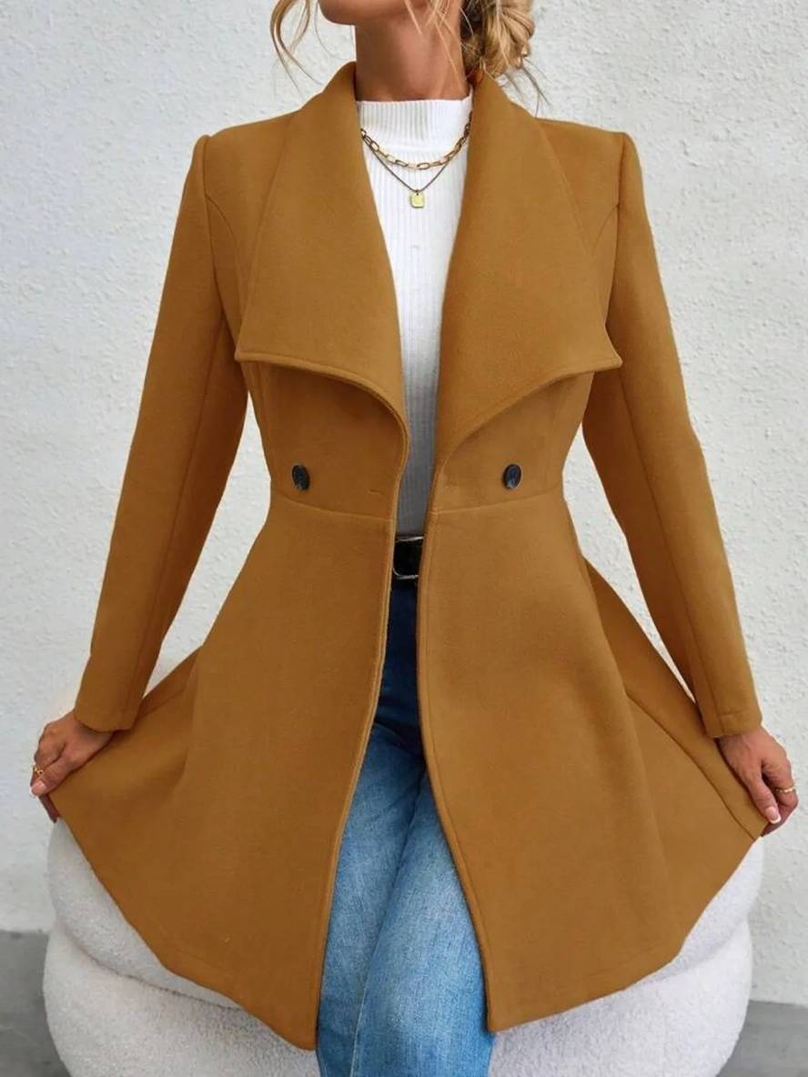Levoire | Manteau En Laine Moyen Long Uni Avec Boutons, Col À Revers, Manches Longues, Élégant, Veste Décontractée Pour Femmes