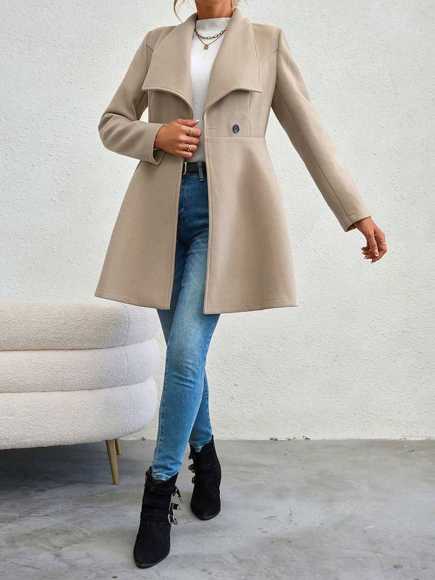 Levoire | Manteau En Laine Moyen Long Uni Avec Boutons, Col À Revers, Manches Longues, Élégant, Veste Décontractée Pour Femmes
