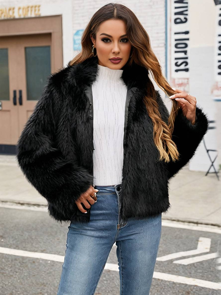 Levoire | Manteau En Fausse Fourrure Uni Col Montant Poches Manches Longues Femme Élégant Décontracté Hiver Veste Noir