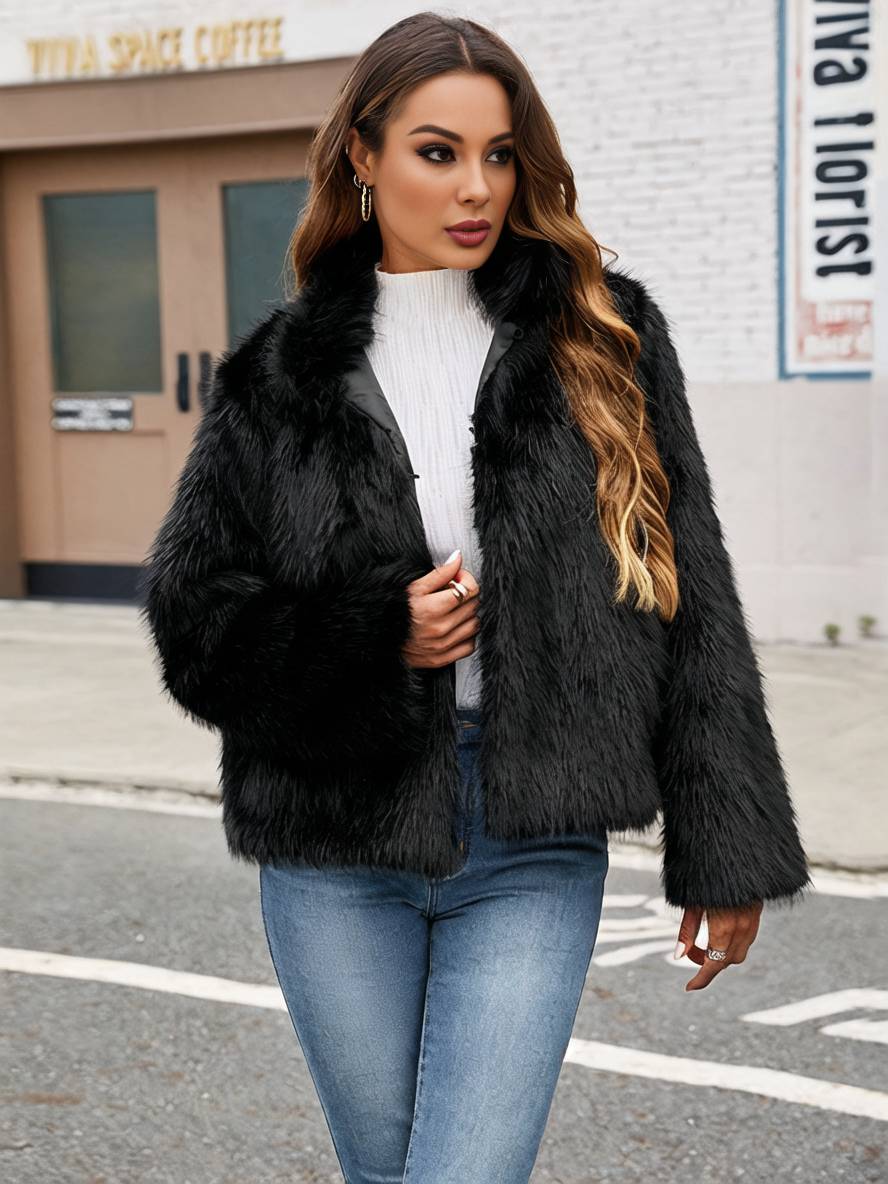 Levoire | Manteau En Fausse Fourrure Uni Col Montant Poches Manches Longues Femme Élégant Décontracté Hiver Veste