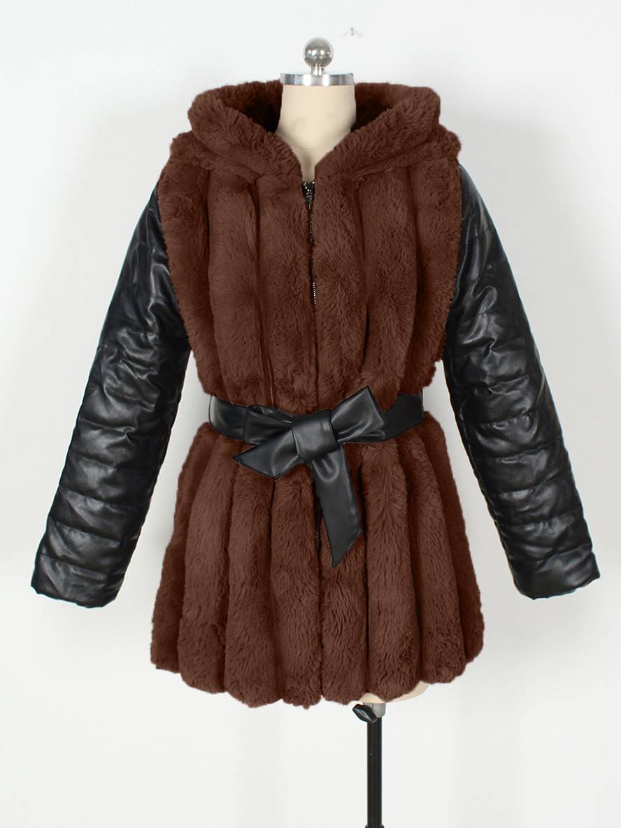 Levoire | Manteau Mi-Long En Fausse Fourrure Avec Capuche, Fermeture Éclair, Poches, Ceinture, Femme, Manteau D'Hiver Décontracté Ample