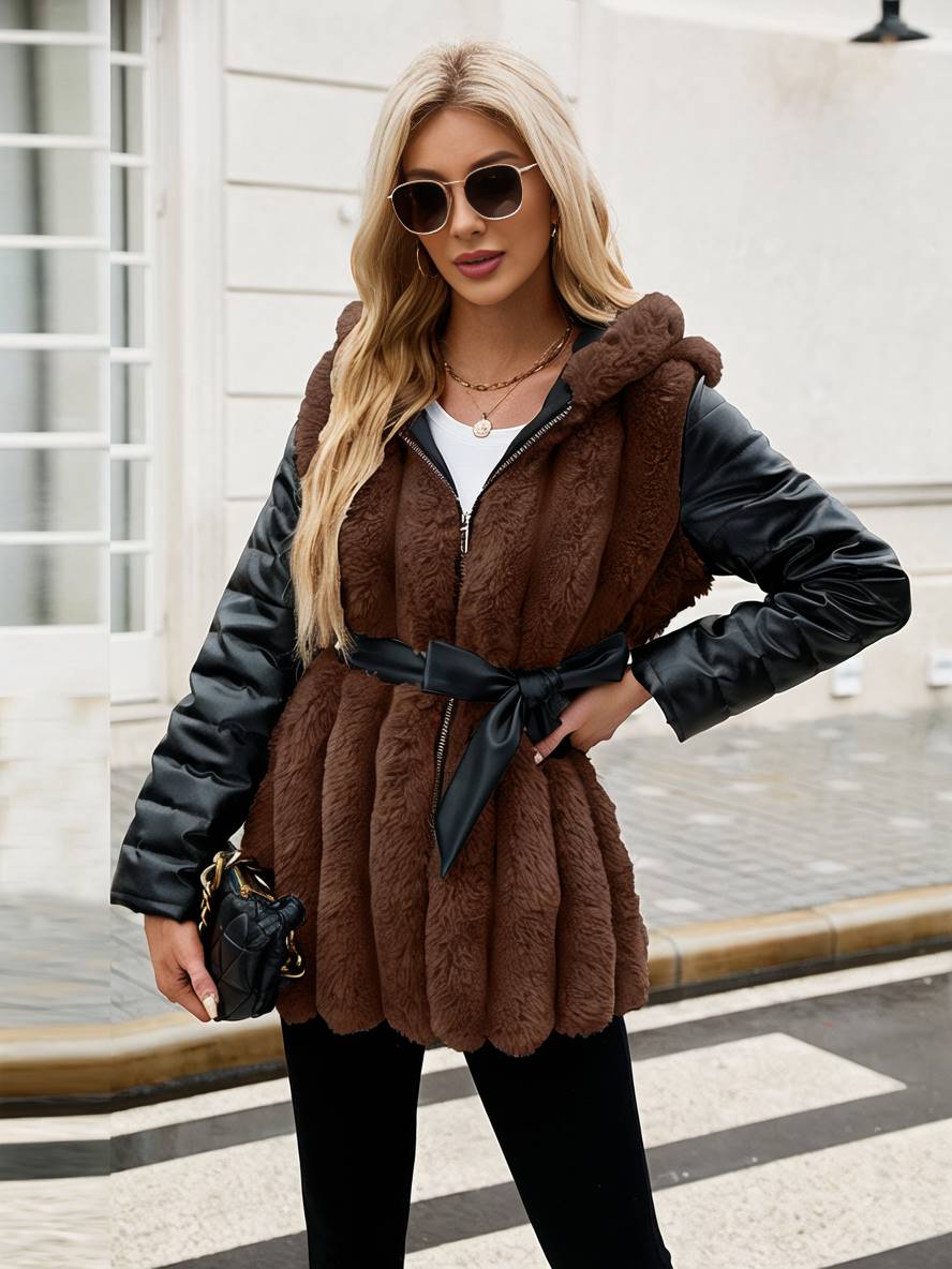 Levoire | Manteau Mi-Long En Fausse Fourrure Avec Capuche, Fermeture Éclair, Poches, Ceinture, Femme, Manteau D'Hiver Décontracté Ample Braun
