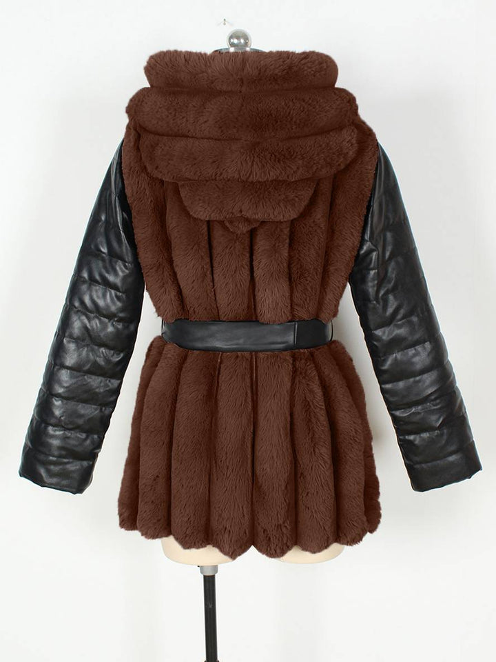 Levoire | Manteau Mi-Long En Fausse Fourrure Avec Capuche, Fermeture Éclair, Poches, Ceinture, Femme, Manteau D'Hiver Décontracté Ample