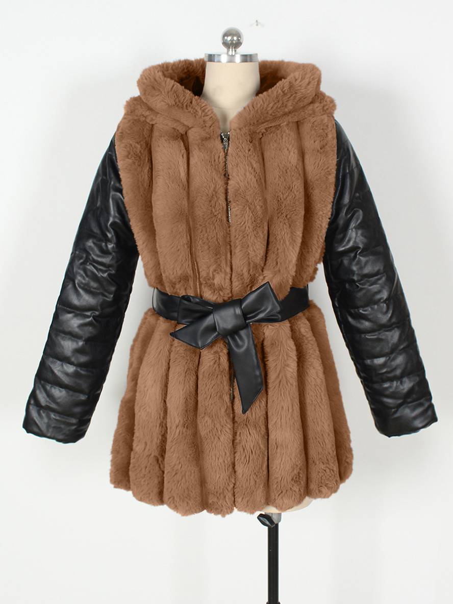 Levoire | Manteau Mi-Long En Fausse Fourrure Avec Capuche, Fermeture Éclair, Poches, Ceinture, Femme, Manteau D'Hiver Décontracté Ample