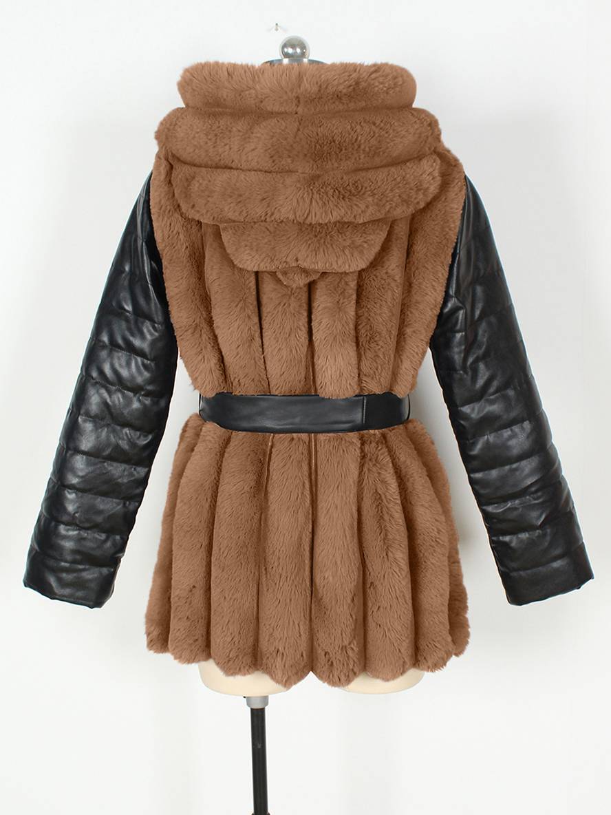 Levoire | Manteau Mi-Long En Fausse Fourrure Avec Capuche, Fermeture Éclair, Poches, Ceinture, Femme, Manteau D'Hiver Décontracté Ample
