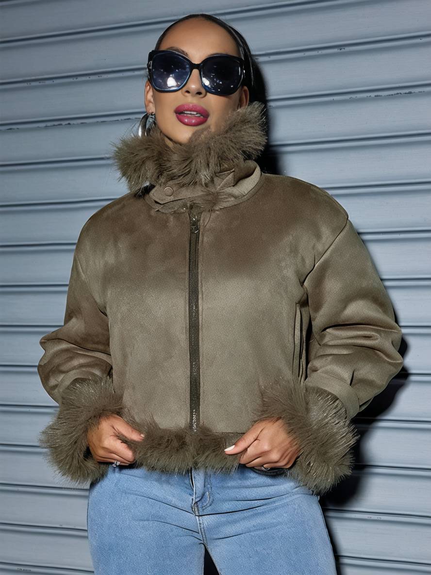 Levoire | Veste Courte En Fausse Fourrure En Suède Poche Intérieure De La Veste Poches En Fourrure Manches Longues Femme Temps Libre