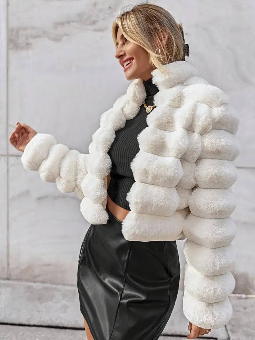 Levoire | Manteau Court En Fausse Fourrure Col Haut Manches Longues Femme Élégant Casual Veste D'Hiver Blanc