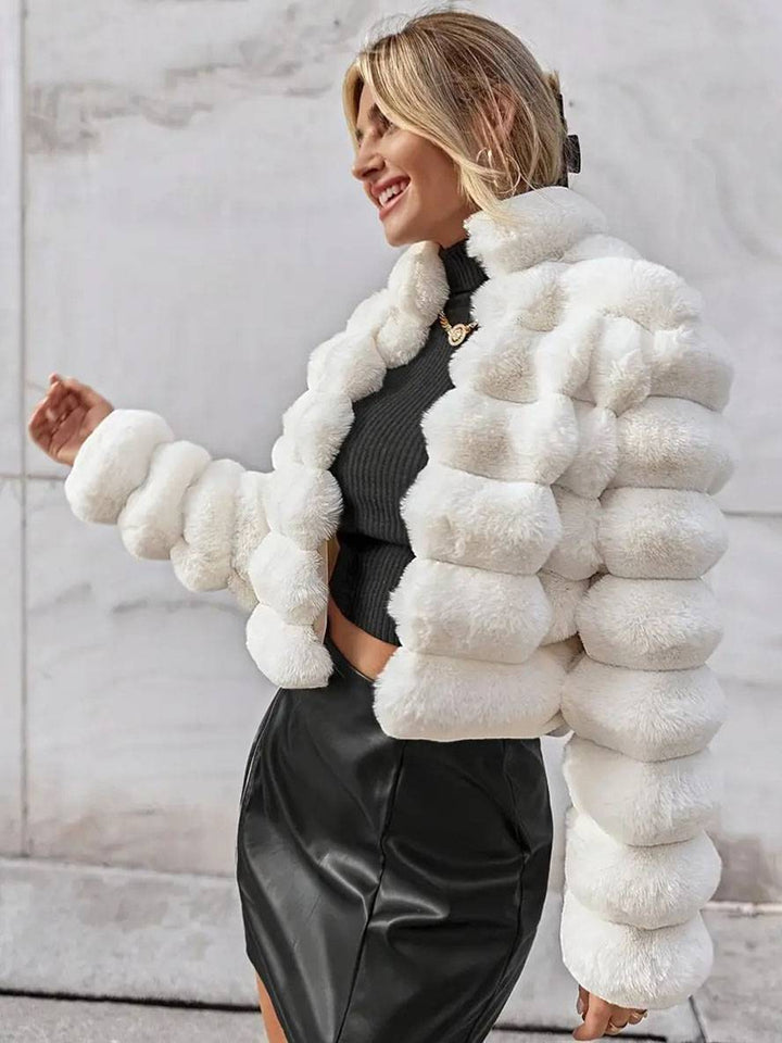 Levoire | Manteau Court En Fausse Fourrure Col Haut Manches Longues Femme Élégant Casual Veste D'Hiver Blanc