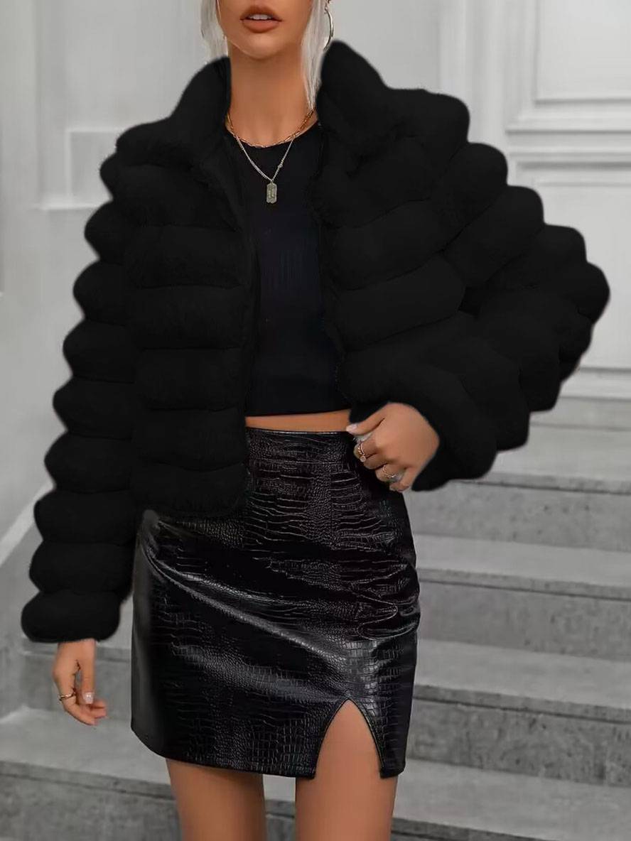 Levoire | Manteau Court En Fausse Fourrure Col Haut Manches Longues Femme Élégant Casual Veste D'Hiver Noir