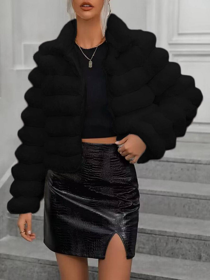 Levoire | Manteau Court En Fausse Fourrure Col Haut Manches Longues Femme Élégant Casual Veste D'Hiver Noir