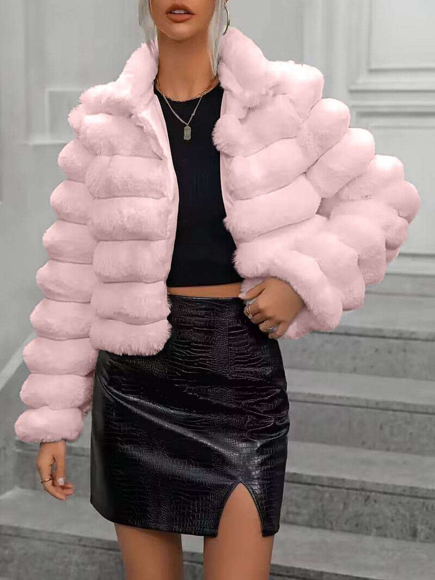 Levoire | Manteau Court En Fausse Fourrure Col Haut Manches Longues Femme Élégant Casual Veste D'Hiver Rosa