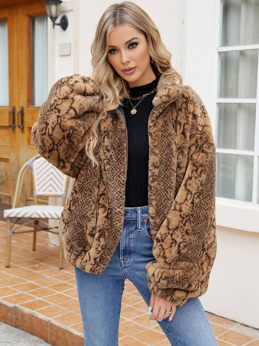 Levoire | Manteau Court En Fausse Fourrure Peau De Serpent Fermeture Éclair Col Montant Femme Veste D'Hiver Décontractée Braun