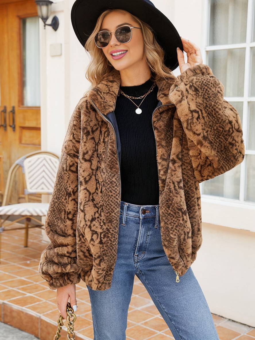 Levoire | Manteau Court En Fausse Fourrure Peau De Serpent Fermeture Éclair Col Montant Femme Veste D'Hiver Décontractée