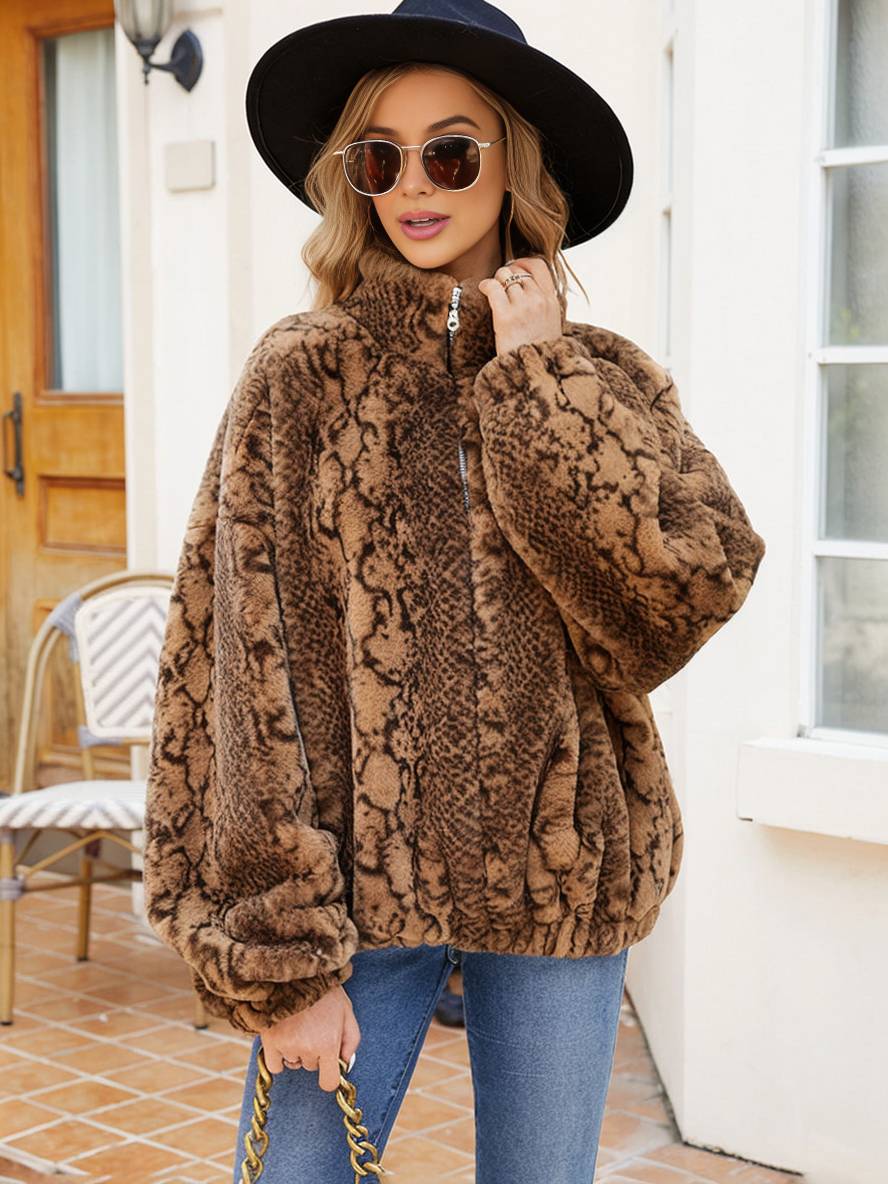 Levoire | Manteau Court En Fausse Fourrure Peau De Serpent Fermeture Éclair Col Montant Femme Veste D'Hiver Décontractée