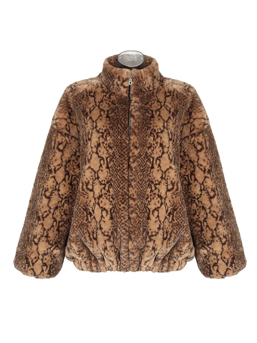 Levoire | Manteau Court En Fausse Fourrure Peau De Serpent Fermeture Éclair Col Montant Femme Veste D'Hiver Décontractée