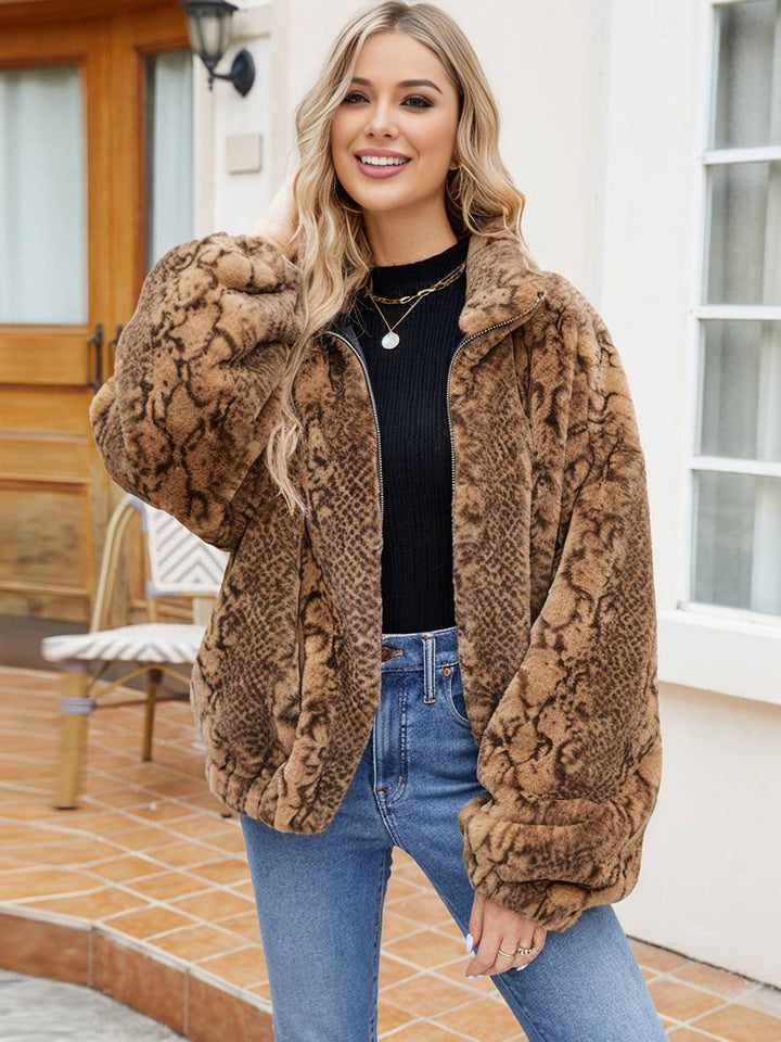 Levoire | Manteau Court En Fausse Fourrure Peau De Serpent Fermeture Éclair Col Montant Femme Veste D'Hiver Décontractée
