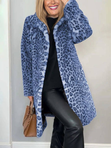 Levoire | Manteau Long En Fourrure Synthétique Léopard Col Haut Manches Longues Femme Mode Élégante Casual Manteau D'Hiver