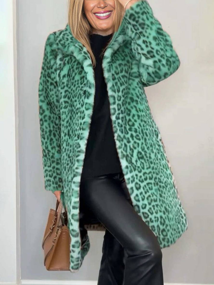 Levoire | Manteau Long En Fourrure Synthétique Léopard Col Haut Manches Longues Femme Mode Élégante Casual Manteau D'Hiver Vert