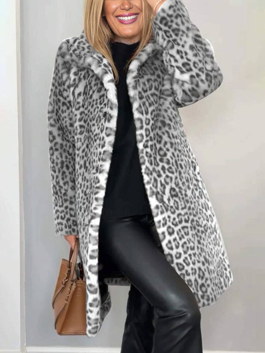 Levoire | Manteau Long En Fourrure Synthétique Léopard Col Haut Manches Longues Femme Mode Élégante Casual Manteau D'Hiver Gris