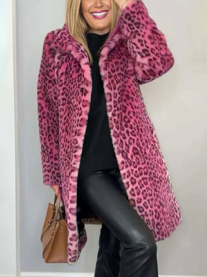 Levoire | Manteau Long En Fourrure Synthétique Léopard Col Haut Manches Longues Femme Mode Élégante Casual Manteau D'Hiver Rosa