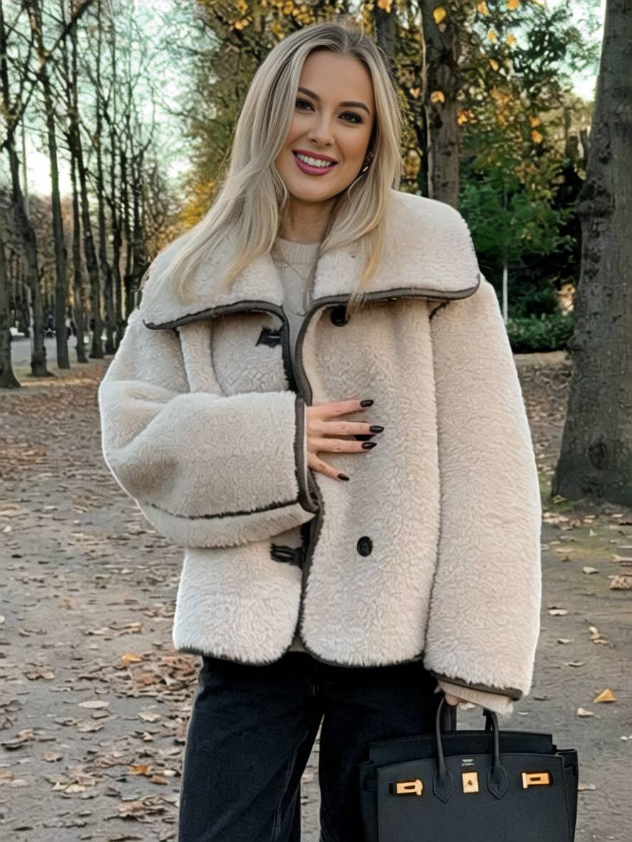 Levoire | Manteau En Fausse Fourrure Avec Boutons, Col À Revers, Manches Longues Pour Femmes, Élégant, Décontracté, Veste Oversized Beige