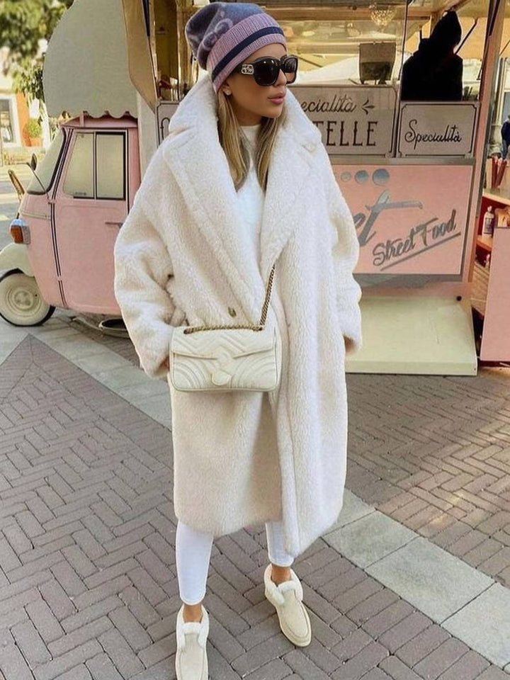 Levoire | Manteau Teddy Long Boutons Poches Cravate Revers Mode Femme Large Oversize Veste D'Hiver Blanc