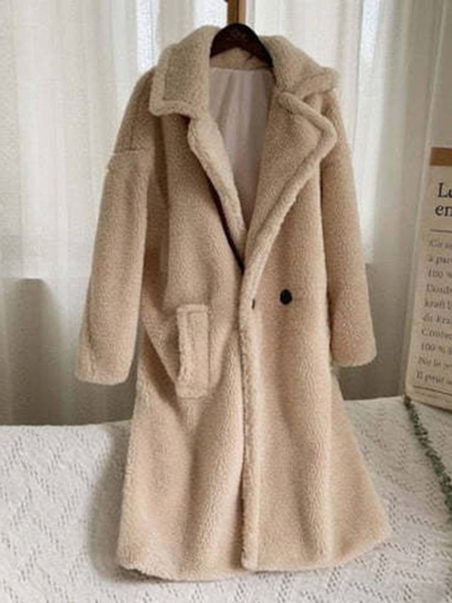 Levoire | Manteau Teddy Long Boutons Poches Cravate Revers Mode Femme Large Oversize Veste D'Hiver Beige