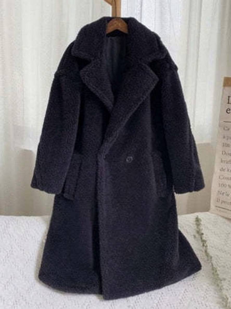 Levoire | Manteau Teddy Long Boutons Poches Cravate Revers Mode Femme Large Oversize Veste D'Hiver Marine