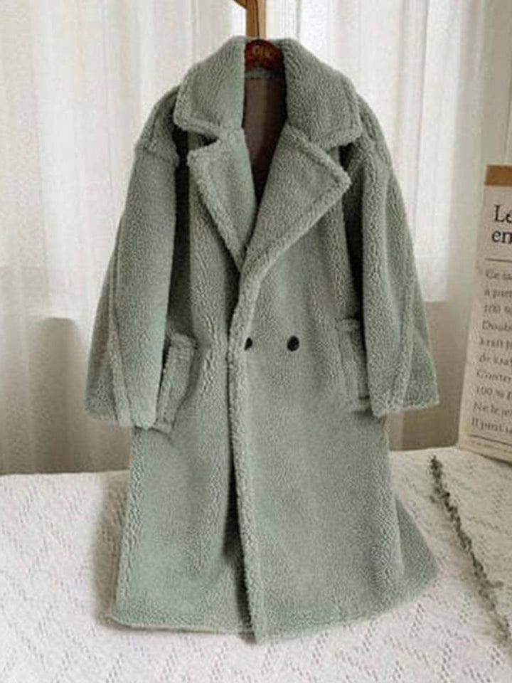 Levoire | Manteau Teddy Long Boutons Poches Cravate Revers Mode Femme Large Oversize Veste D'Hiver Vert