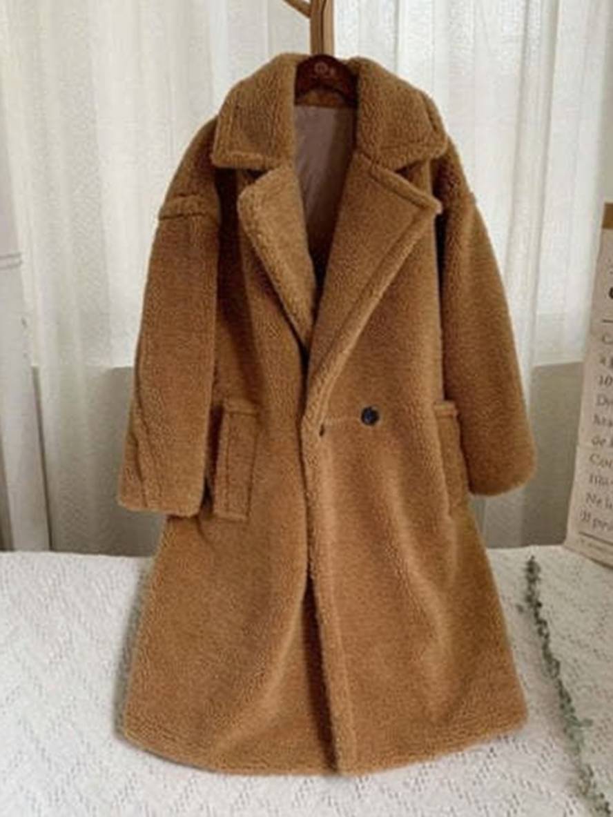 Levoire | Manteau Teddy Long Boutons Poches Cravate Revers Mode Femme Large Oversize Veste D'Hiver Chameau