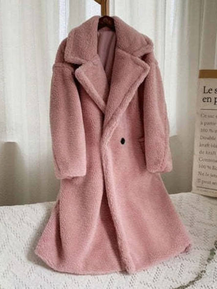 Levoire | Manteau Teddy Long Boutons Poches Cravate Revers Mode Femme Large Oversize Veste D'Hiver Pêche rose