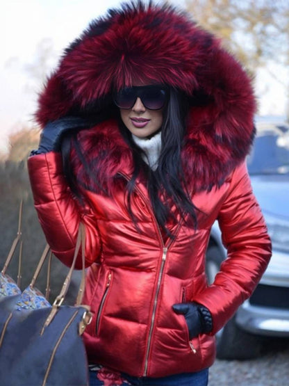 Levoire | Veste En Duvet Courte Avec Capuche Et Fausse Fourrure, Fermeture Éclair, Poches, Manteau D'Hiver Décontracté Pour Femme Rot