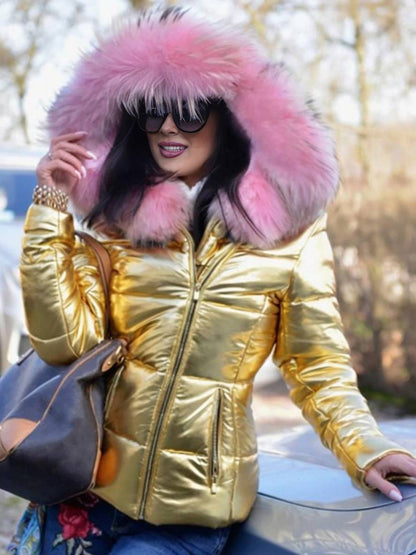 Levoire | Veste En Duvet Courte Avec Capuche Et Fausse Fourrure, Fermeture Éclair, Poches, Manteau D'Hiver Décontracté Pour Femme Jaune