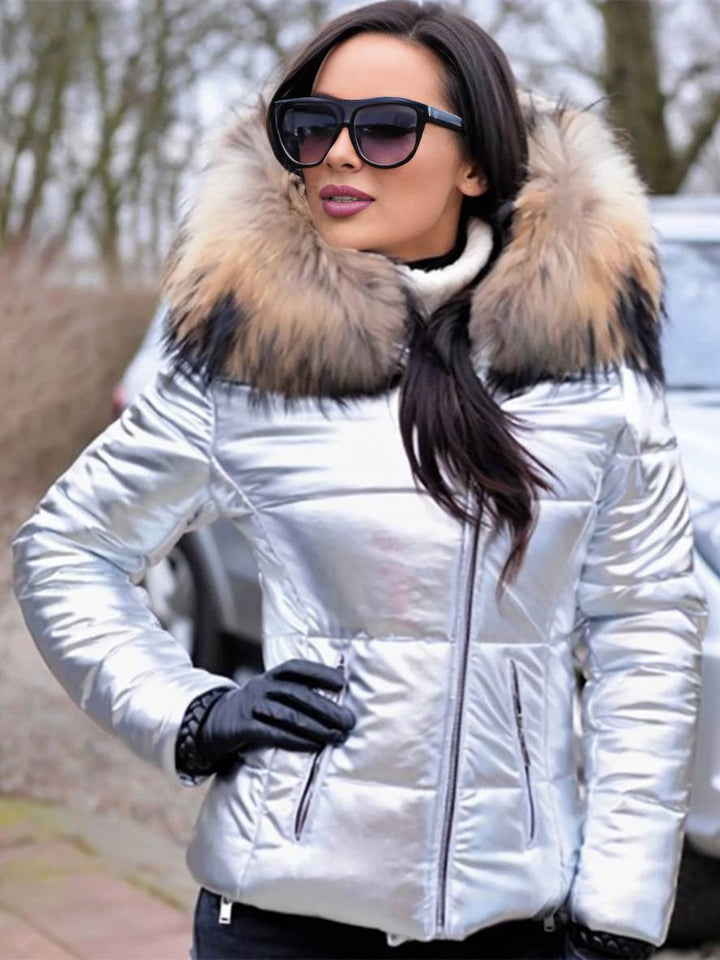 Levoire | Veste En Duvet Courte Avec Capuche Et Fausse Fourrure, Fermeture Éclair, Poches, Manteau D'Hiver Décontracté Pour Femme Argent