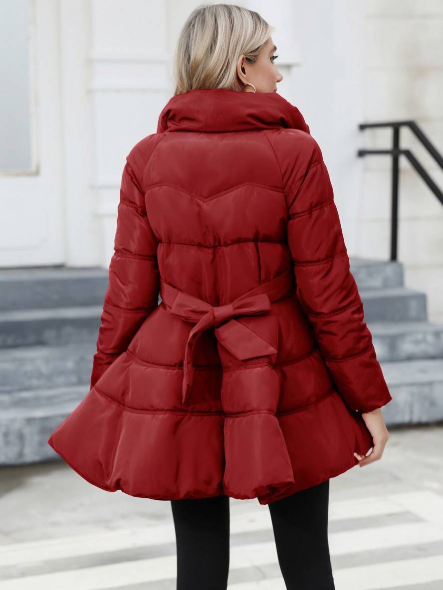 Levoire | Trench-Coat Midi Long Doudoune Trapèze Col Montant Nœud Ceinture Poches Femmes Vintage Mignon Veste