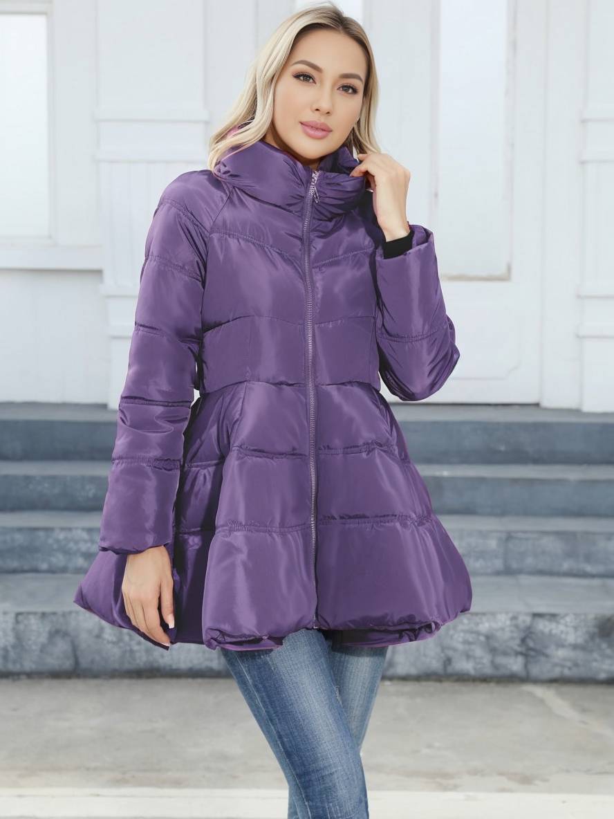 Levoire | Trench-Coat Midi Long Doudoune Trapèze Col Montant Nœud Ceinture Poches Femmes Vintage Mignon Veste Violet