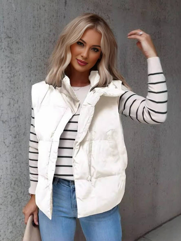 Levoire | Veste Sans Manches En Duvet Unie Courte Avec Poches Zippées Pour Femmes Élégante Décontractée Hiver Blanc