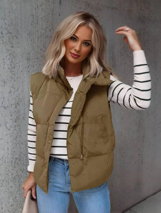 Levoire | Veste Sans Manches En Duvet Unie Courte Avec Poches Zippées Pour Femmes Élégante Décontractée Hiver Khaki