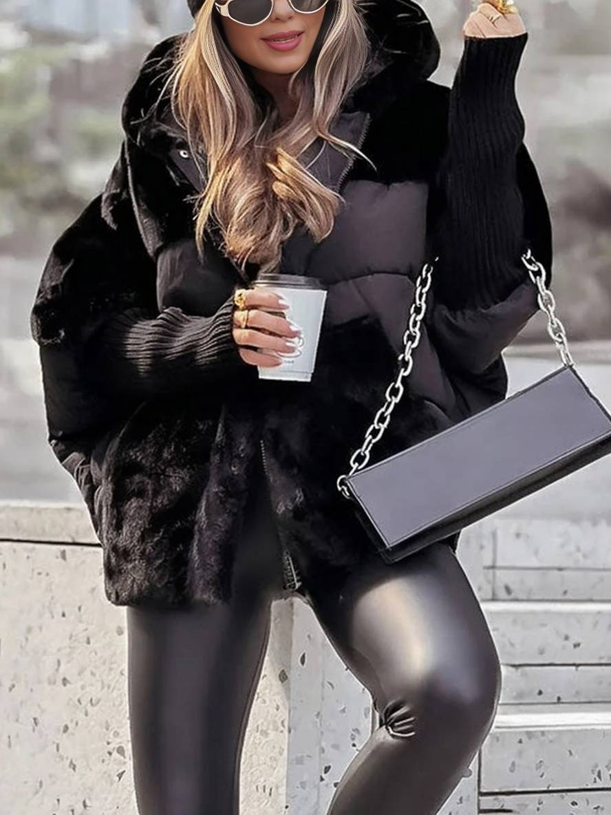 Levoire | Manteau En Duvet Mi-Long Avec Capuche, Fermeture Éclair, Poches, Manches Chauve-Souris Pour Femmes, Veste Décontractée Surdimensionnée