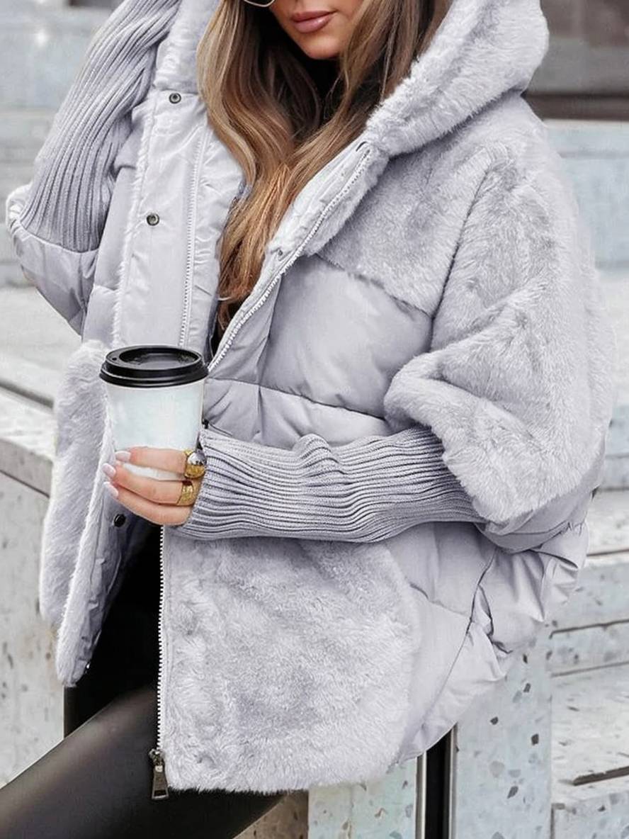 Levoire | Manteau En Duvet Mi-Long Avec Capuche, Fermeture Éclair, Poches, Manches Chauve-Souris Pour Femmes, Veste Décontractée Surdimensionnée Gris