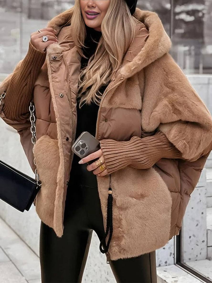 Levoire | Manteau En Duvet Mi-Long Avec Capuche, Fermeture Éclair, Poches, Manches Chauve-Souris Pour Femmes, Veste Décontractée Surdimensionnée Khaki