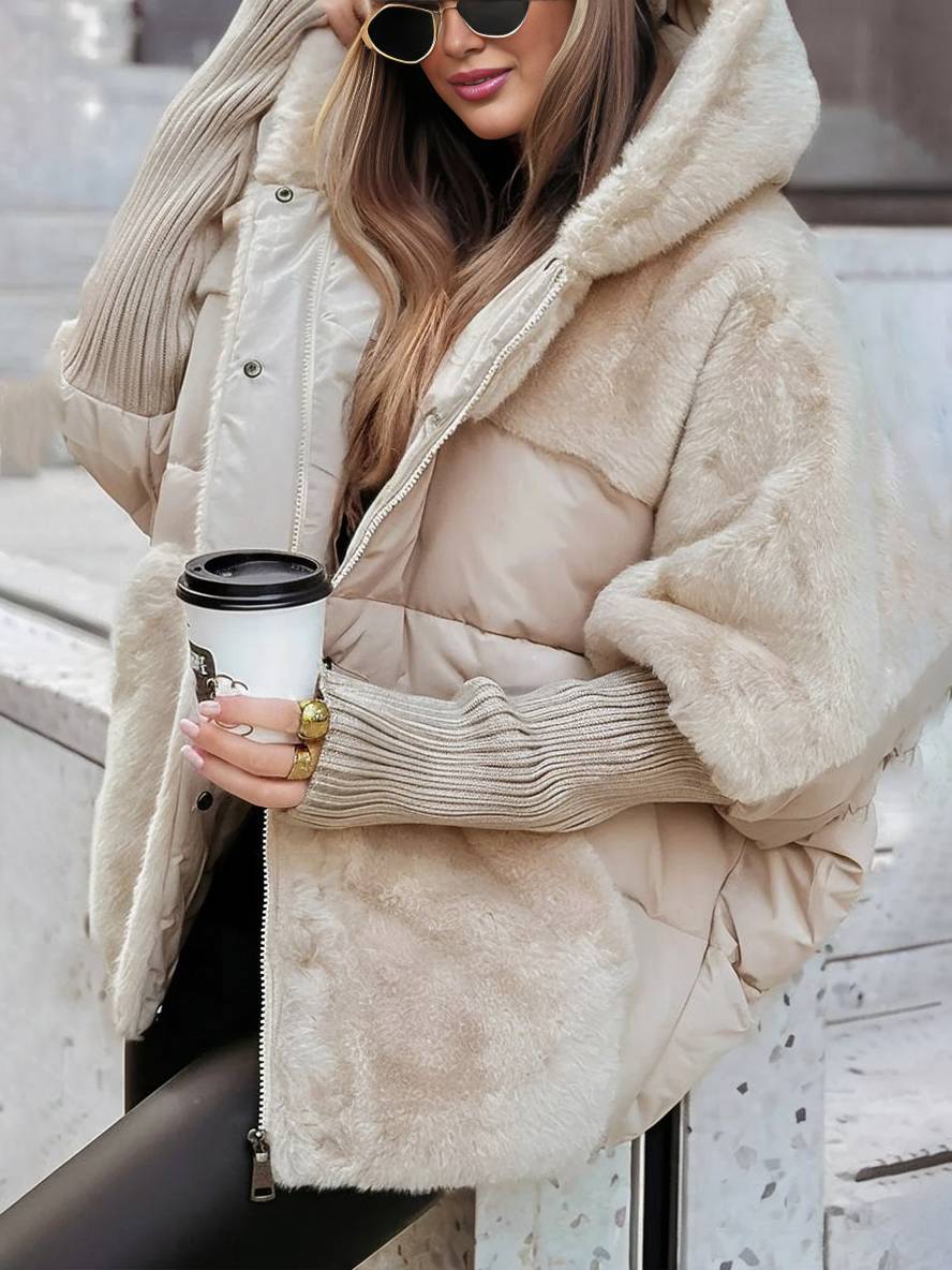 Levoire | Manteau En Duvet Mi-Long Avec Capuche, Fermeture Éclair, Poches, Manches Chauve-Souris Pour Femmes, Veste Décontractée Surdimensionnée Abricot