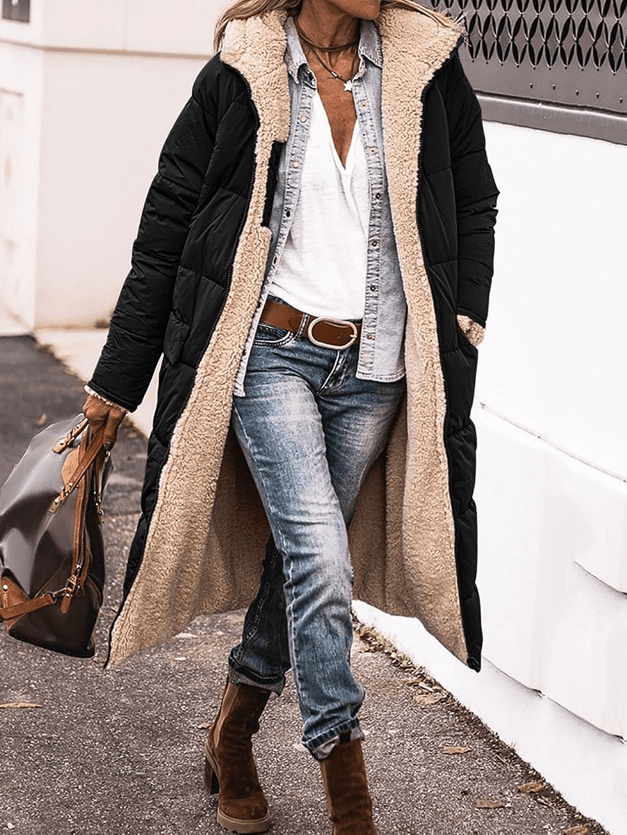 Levoire | Long Doudoune Manteau D'Hiver Avec Capuche Poches Fermeture Éclair Longues Manches Veste De Loisirs Pour Femmes Noir