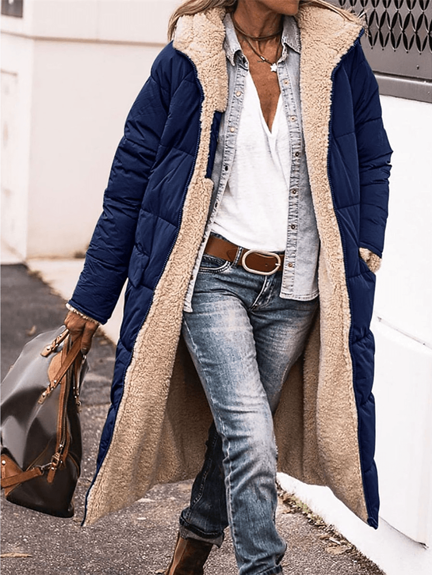 Levoire | Long Doudoune Manteau D'Hiver Avec Capuche Poches Fermeture Éclair Longues Manches Veste De Loisirs Pour Femmes Marine