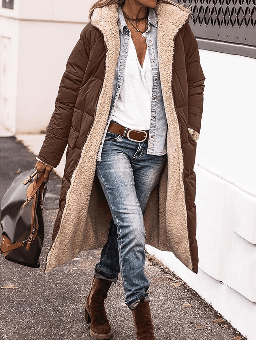 Levoire | Long Doudoune Manteau D'Hiver Avec Capuche Poches Fermeture Éclair Longues Manches Veste De Loisirs Pour Femmes Café